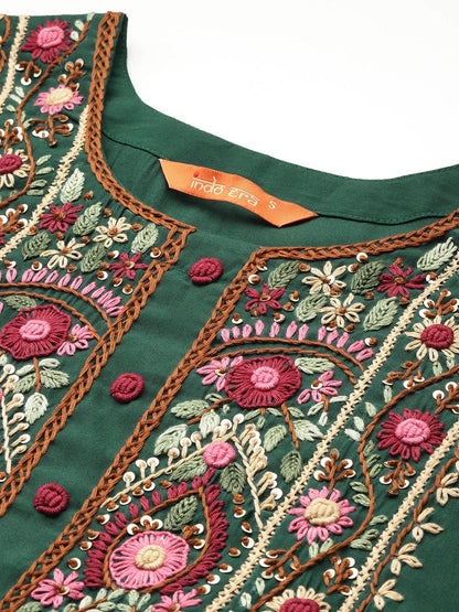 Floral Embroidered Thread Work Kurta with Trousers & With Dupatta