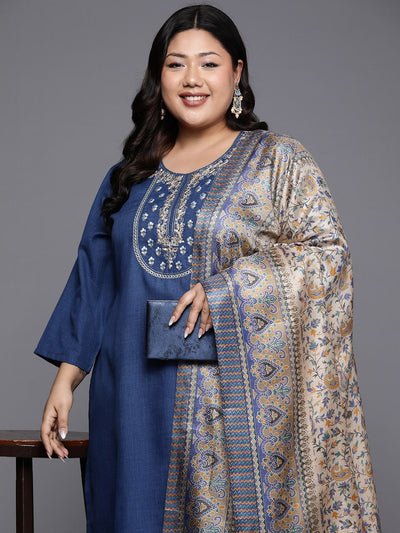 Indyancart VA Women'sPlus Size Embroidered Thread Work Kurta with Trousers & Dupatta