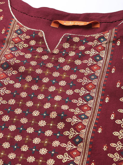 Indyancart IE Women Maroon Ethnic Motifs Printed Kurta with Palazzos