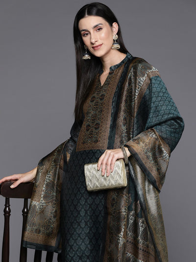 Indyancart VA Women'sEthnic Printed Chanderi Silk Kurta with Trouser and Dupatta