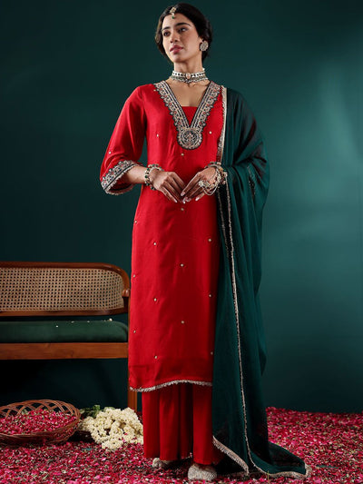 Indyancart VA Women's Embroidered Regular Thread Work Kurta with Sharara & With Dupatta