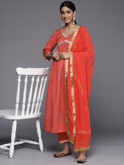Indyancart VA Women's Red Leheriya Embroidered Empire Kurta with Trousers & With Dupatta