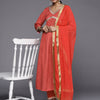 Dhiyona VA Women's Red Leheriya Embroidered Empire Kurta with Trousers & With Dupatta