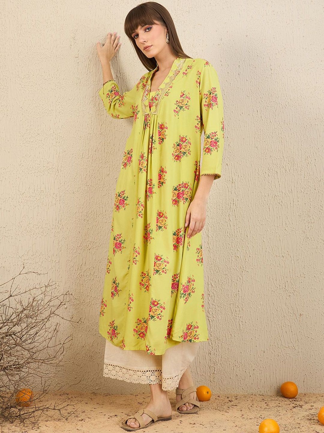 Indyancart IE Pack Of 2 Floral Embroidered V-Neck Zari Panelled A-Line Kurta