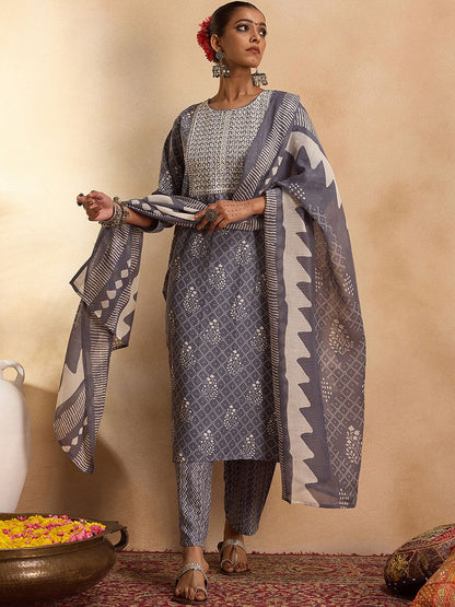 Indyancart IE Floral Printed Pure Cotton Straight Kurta with Trousers & Dupatta