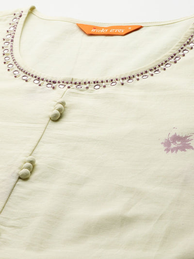 Indyancart IE Floral Printed Beads & Stones Pure Cotton Kurta With Trousers & Dupatta