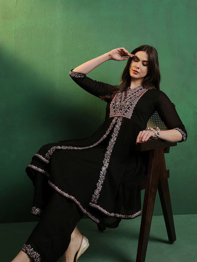 Indyancart SN Women's Alina Cut Embroidered A-Line Silk Kurta With Palazzo Set