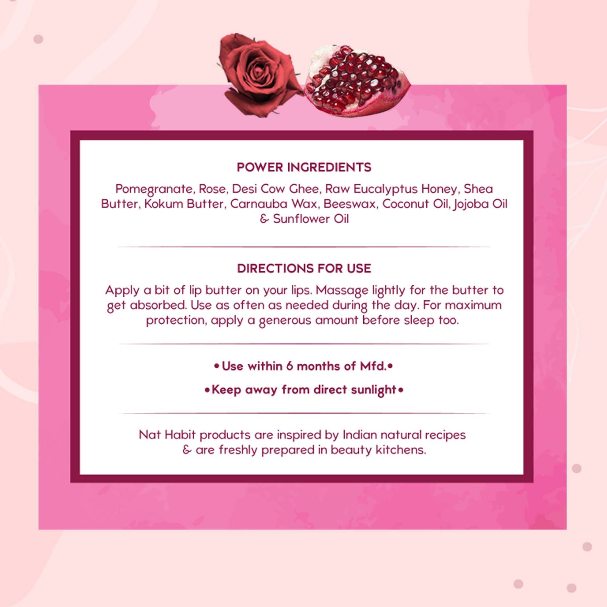 Nat Habit Pomegranate Rose Lip Balm For Dark Pigmented Lips, Lip Butter With Desi Ghee & Honey