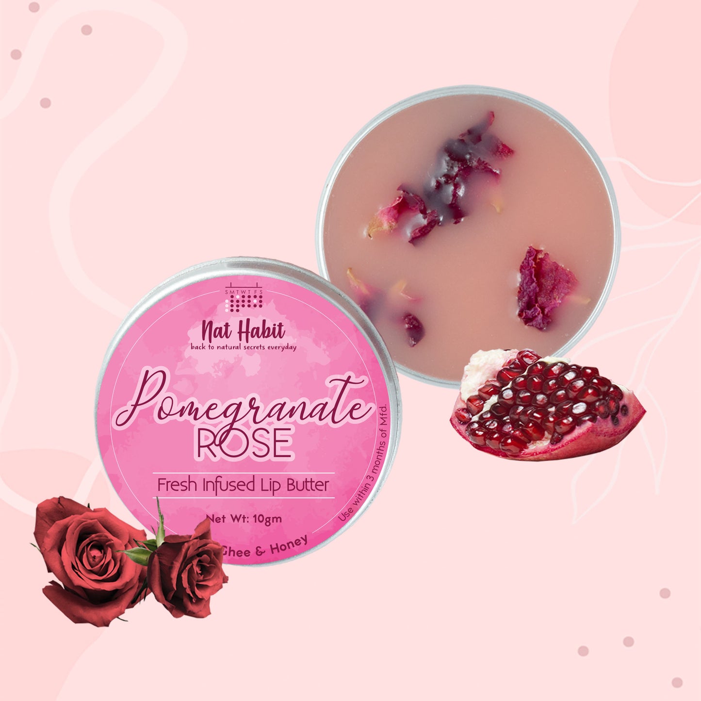Nat Habit Pomegranate Rose Lip Balm For Dark Pigmented Lips, Lip Butter With Desi Ghee & Honey