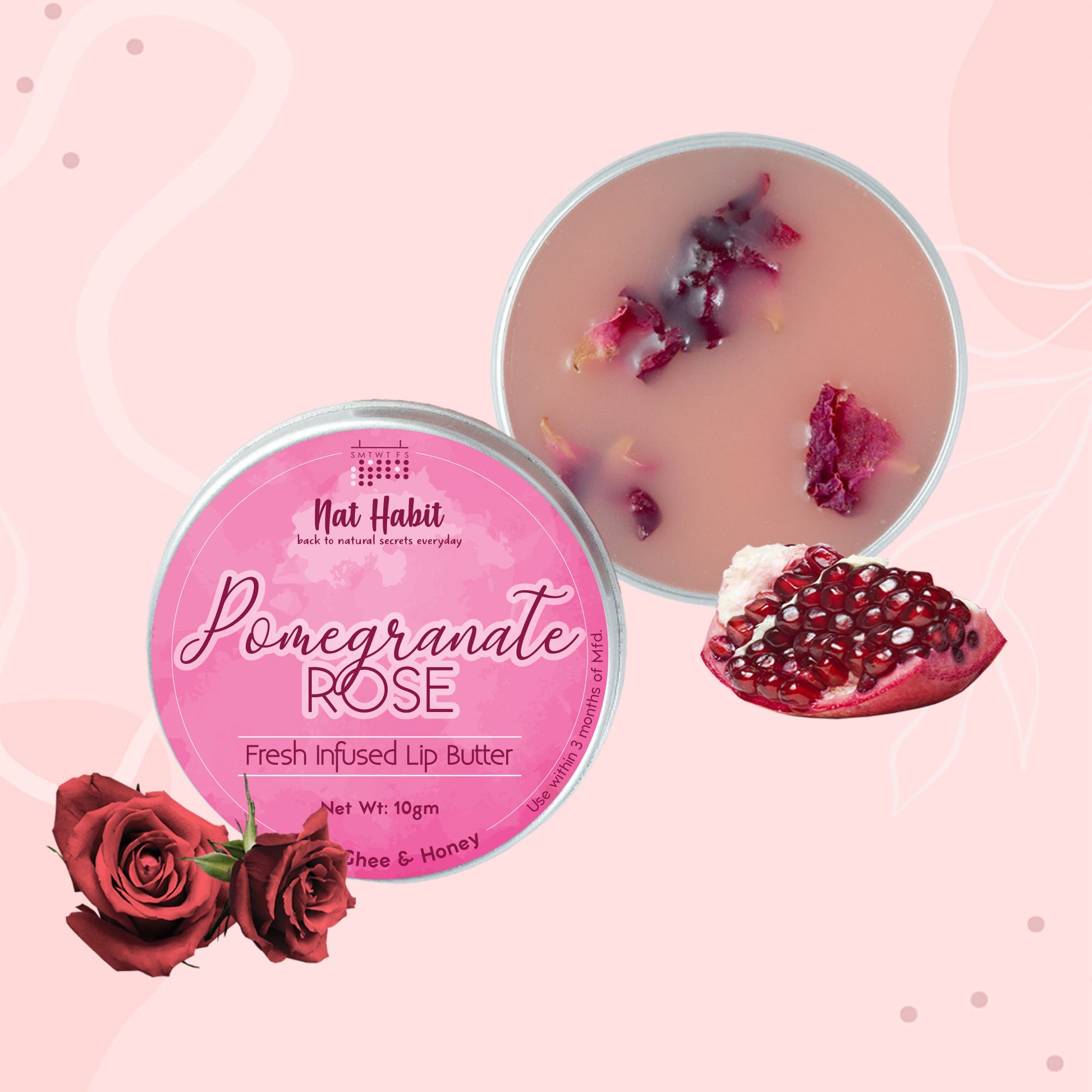 Nat Habit Pomegranate Rose Lip Balm For Dark Pigmented Lips, Lip Butter With Desi Ghee & Honey