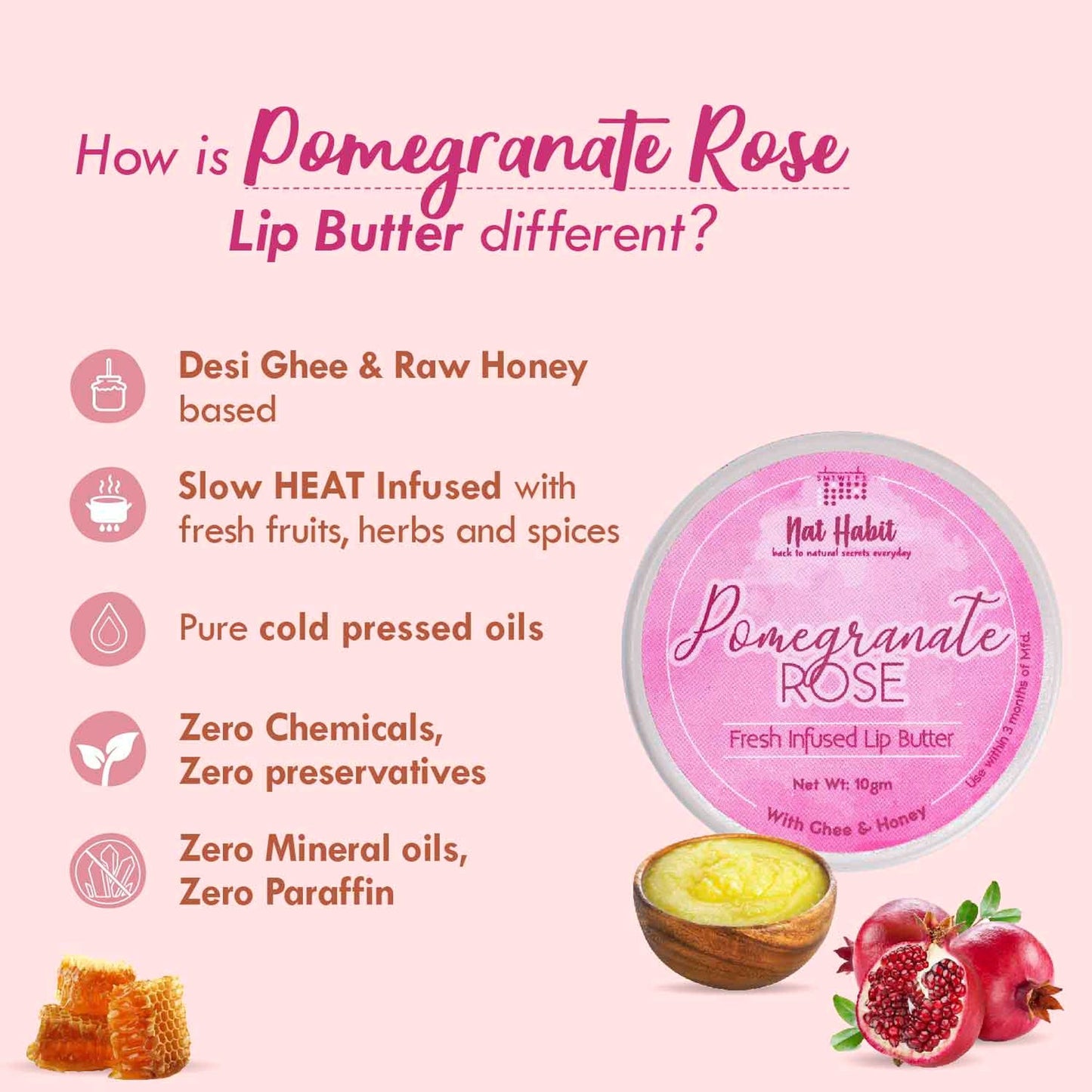 Nat Habit Pomegranate Rose Lip Balm For Dark Pigmented Lips, Lip Butter With Desi Ghee & Honey