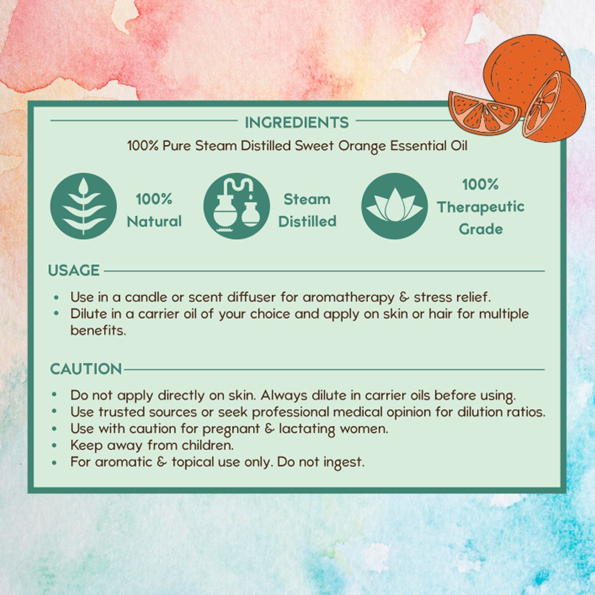 Nat Habit Pure Sweet Orange Essential Oil, Acne, Blemish, De-Tan, Aromatherapy, Diffuser - 100% Pure