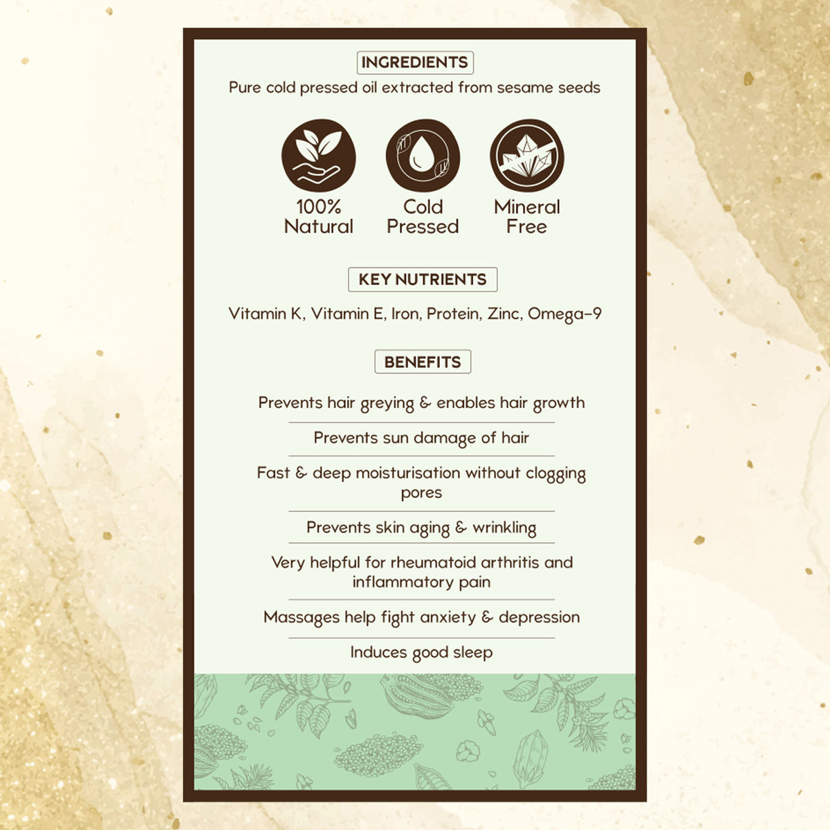 Nat Habit 100% Pure Cold Pressed White Sesame Til Seed Oil, Skin Hair Body Moisturizer & Vitamin E