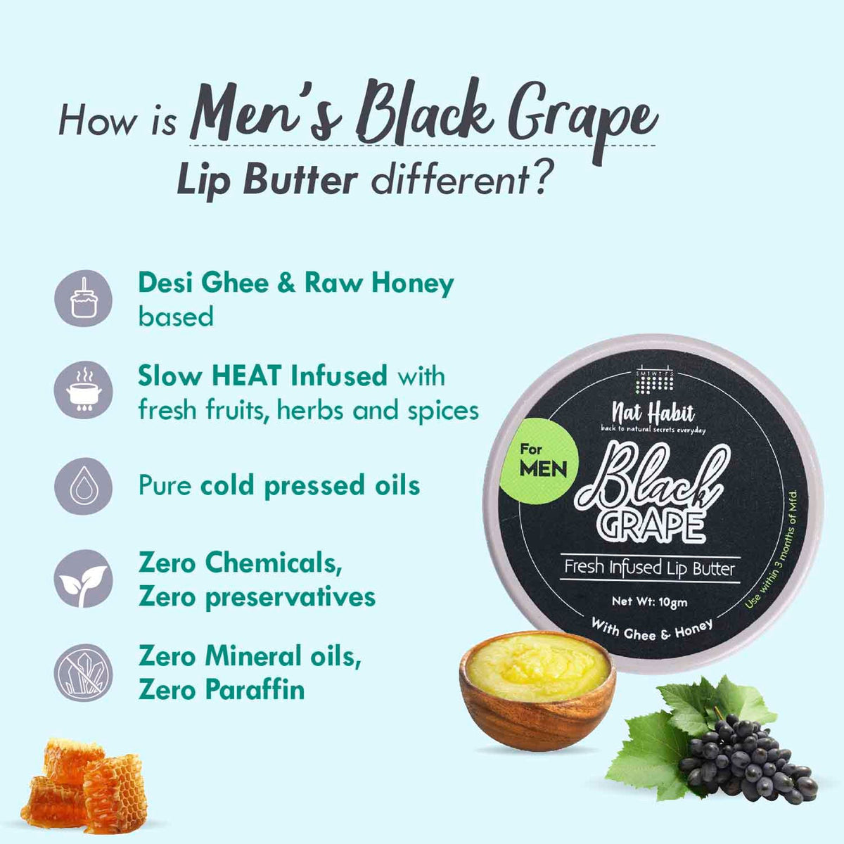 Nat Habit Desi Ghee & Honey Lip Balm- Non Tinted Black Grape Lip Butter For Dark Lip Lightening, Men