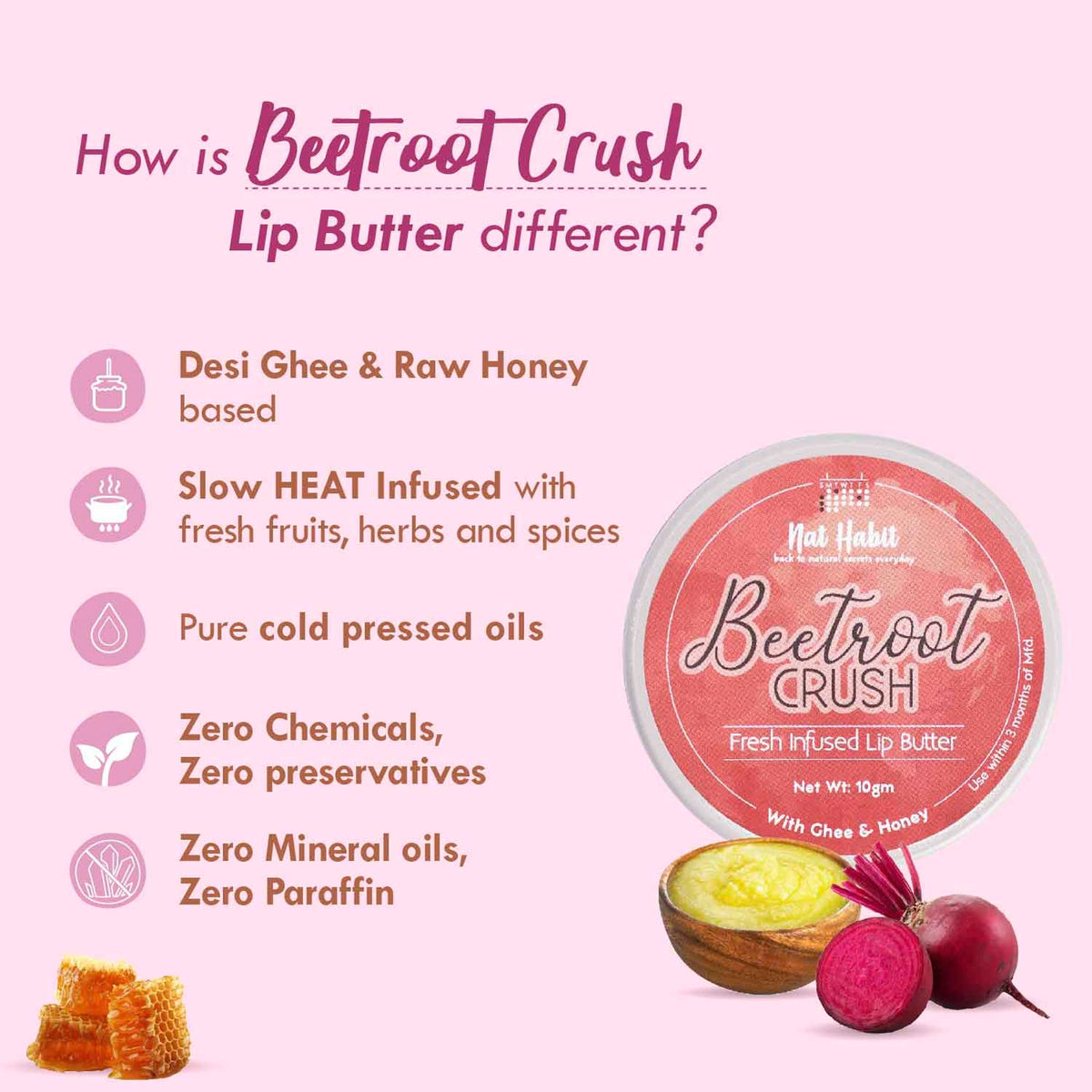 Nat Habit Desi Ghee & Honey Lip Balm- Beetroot Crush Lip Butter For Natural Pink Lips & Chapped Lips