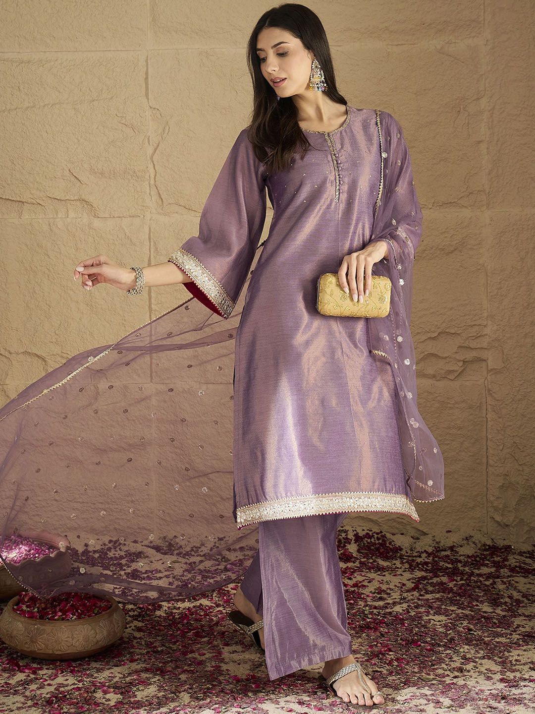 Indyancart VA Women Regular Sequinned Kurta with Palazzos & With Dupatta