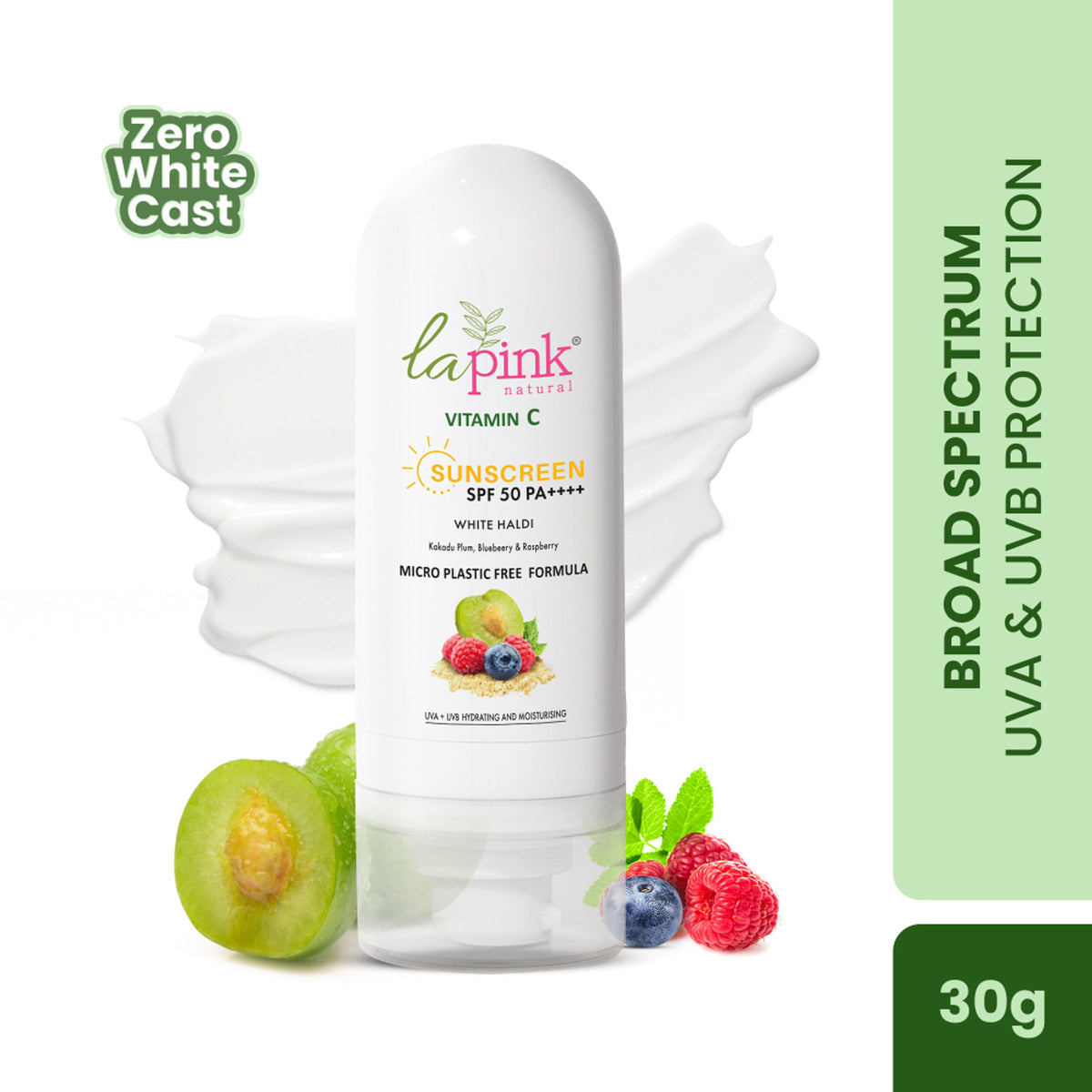La Pink Vitamin C Sunscreen SPF 50 PA++++ with hyaluronic acid and niacinamide, showing the product bottle with a bright, clean design.