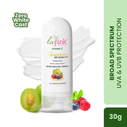 La Pink Vitamin C Sunscreen SPF 50 PA++++ with hyaluronic acid and niacinamide, showing the product bottle with a bright, clean design.