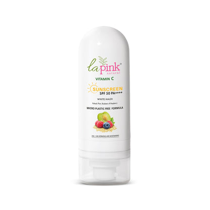 La Pink Vitamin C Sunscreen SPF 50 with hyaluronic acid and niacinamide, showing the bottle with a bright pink label and UV protection symbols.