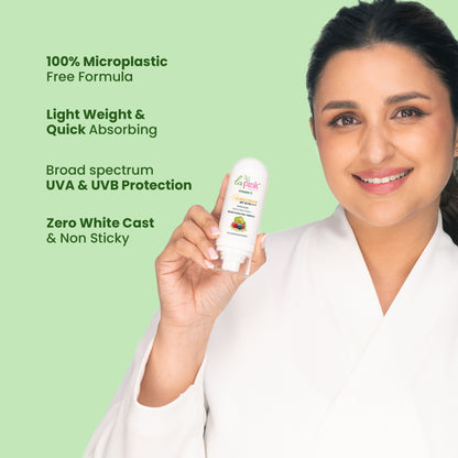 La Pink Vitamin C Sunscreen SPF 50 with hyaluronic acid and niacinamide, showing the creamy lotion texture and SPF packaging.