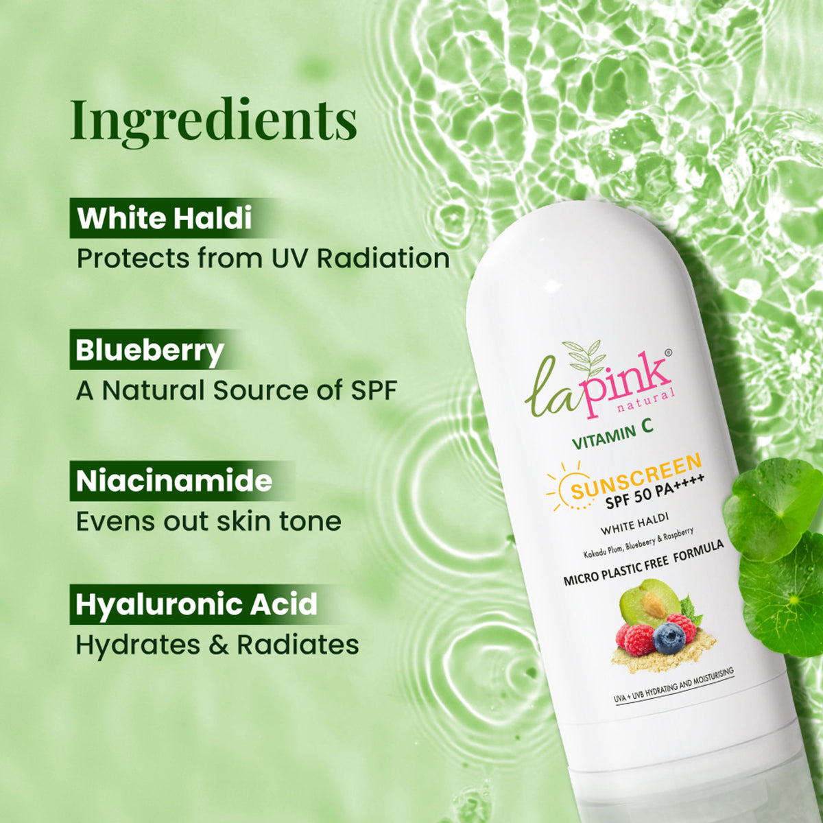 La Pink Vitamin C Sunscreen SPF 50 PA++++ with hyaluronic acid and niacinamide, featuring a pump bottle for UVA protection and hydration.