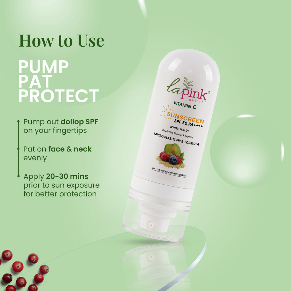 La Pink Vitamin C Sunscreen SPF 50 PA++++ with hyaluronic acid and niacinamide, featuring a tube with a white cap and pink packaging.