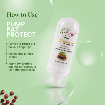 La Pink Vitamin C Sunscreen SPF 50 PA++++ with hyaluronic acid and niacinamide, featuring a tube with a white cap and pink packaging.