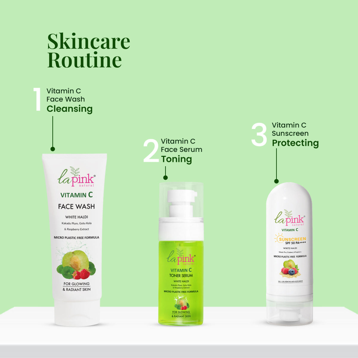 La Pink Vitamin C Sunscreen SPF 50 with hyaluronic acid and niacinamide, featuring a tube with a pink cap and UV protection label