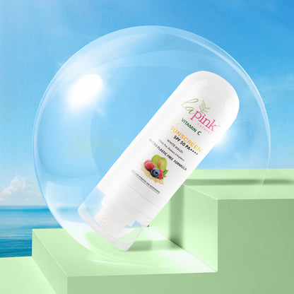 La Pink Vitamin C Sunscreen SPF 50 PA++++ with hyaluronic acid and niacinamide, featuring a tube of UVA protection sunscreen.