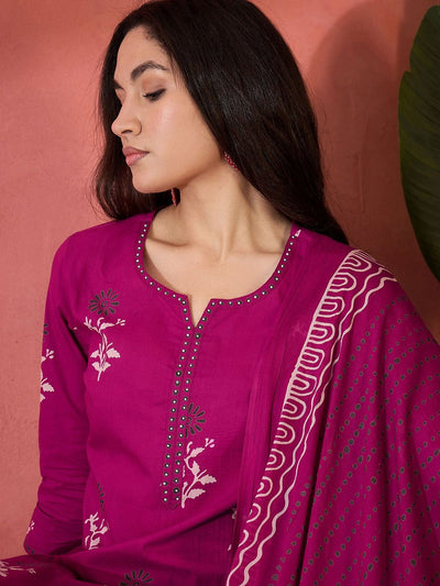 Indyancart SN Women's Floral Printed Pure Cotton Kurta & Trousers With Dupatta