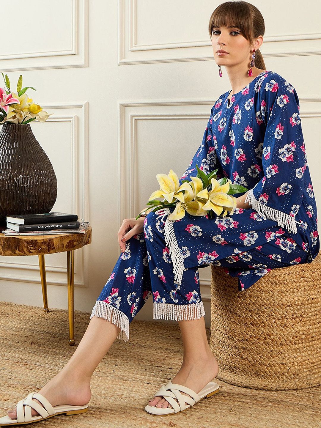 Indyancart IE Floral Printed Pure Cotton Tunic & Trouser Co-Ords