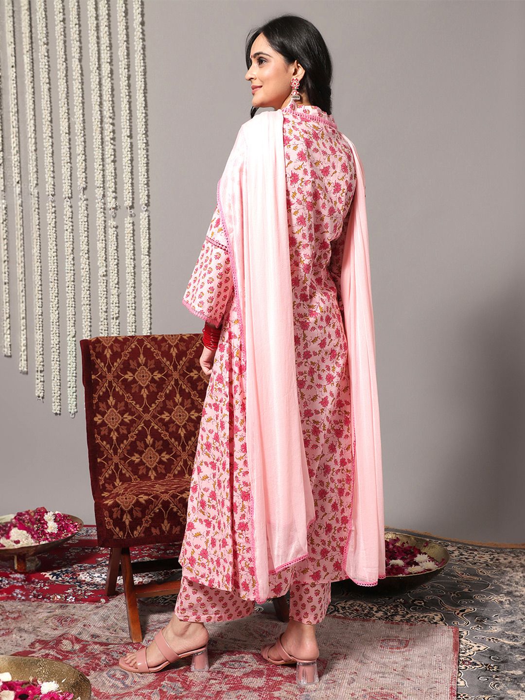 Dhiyona VA Women'sJaipuri Floral Cotton Flared Sleeve Lace Detailed Kurta with Trouser & Dupatta
