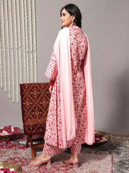 Dhiyona VA Women'sJaipuri Floral Cotton Flared Sleeve Lace Detailed Kurta with Trouser & Dupatta