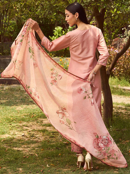 Indyancart IE Floral Yoke Design Regular Thread Work Kurta with Trousers & Dupatta
