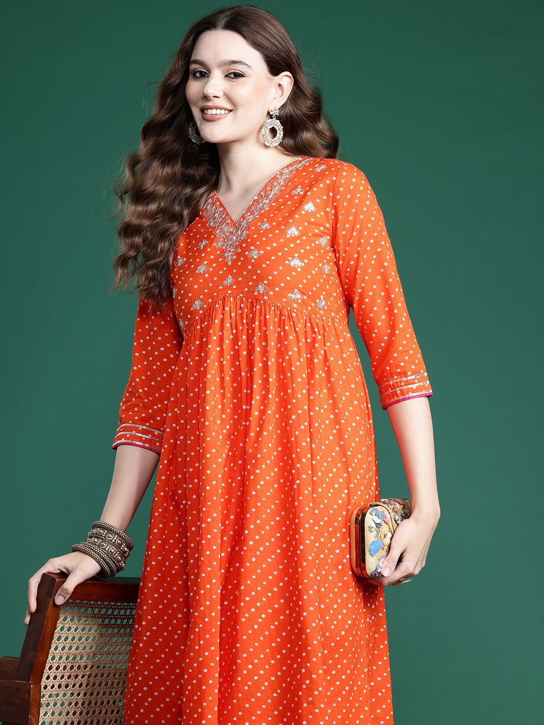 Dhiyona IE Bandhani Embroidered Empire Pure Cotton Kurta with Trousers