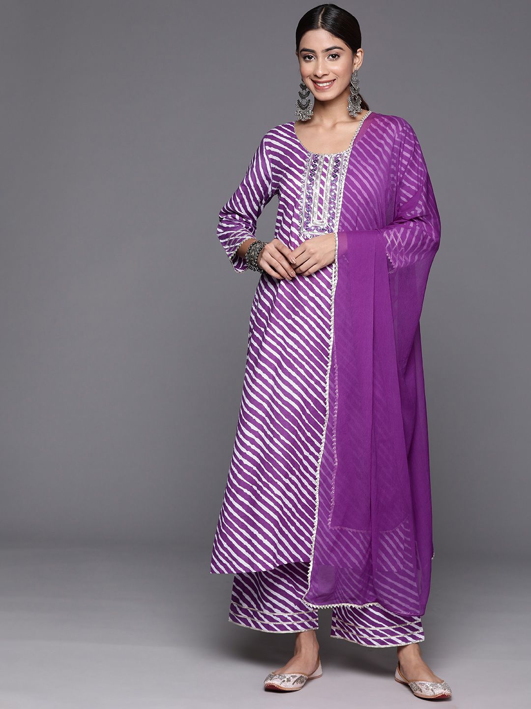 Indyancart VA Women's Leheriya Printed Mirror Work Pure Cotton Kurta with Trousers & With Dupatta