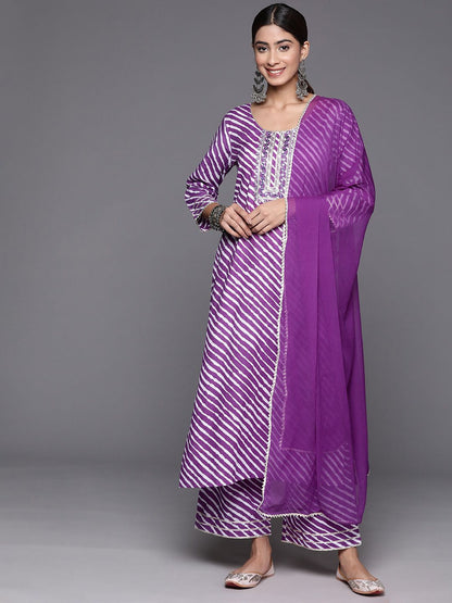 Indyancart VA Women's Leheriya Printed Mirror Work Pure Cotton Kurta with Trousers & With Dupatta