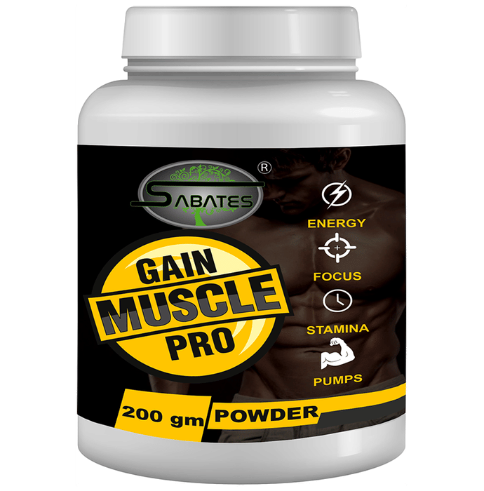 Sabates Gain Muscle Pro Powder health drink container with scoop and label, designed for muscle growth and fitness support.