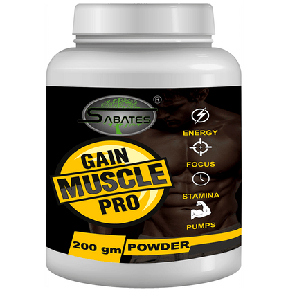 Sabates Gain Muscle Pro Powder health drink container with scoop and label, designed for muscle growth and fitness support.