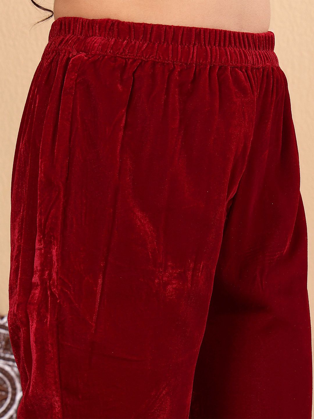 Indyancart VA Women'sMaroon Floral Yoke Design Sequinned Velvet Straight Kurta with Trousers & Dupatta