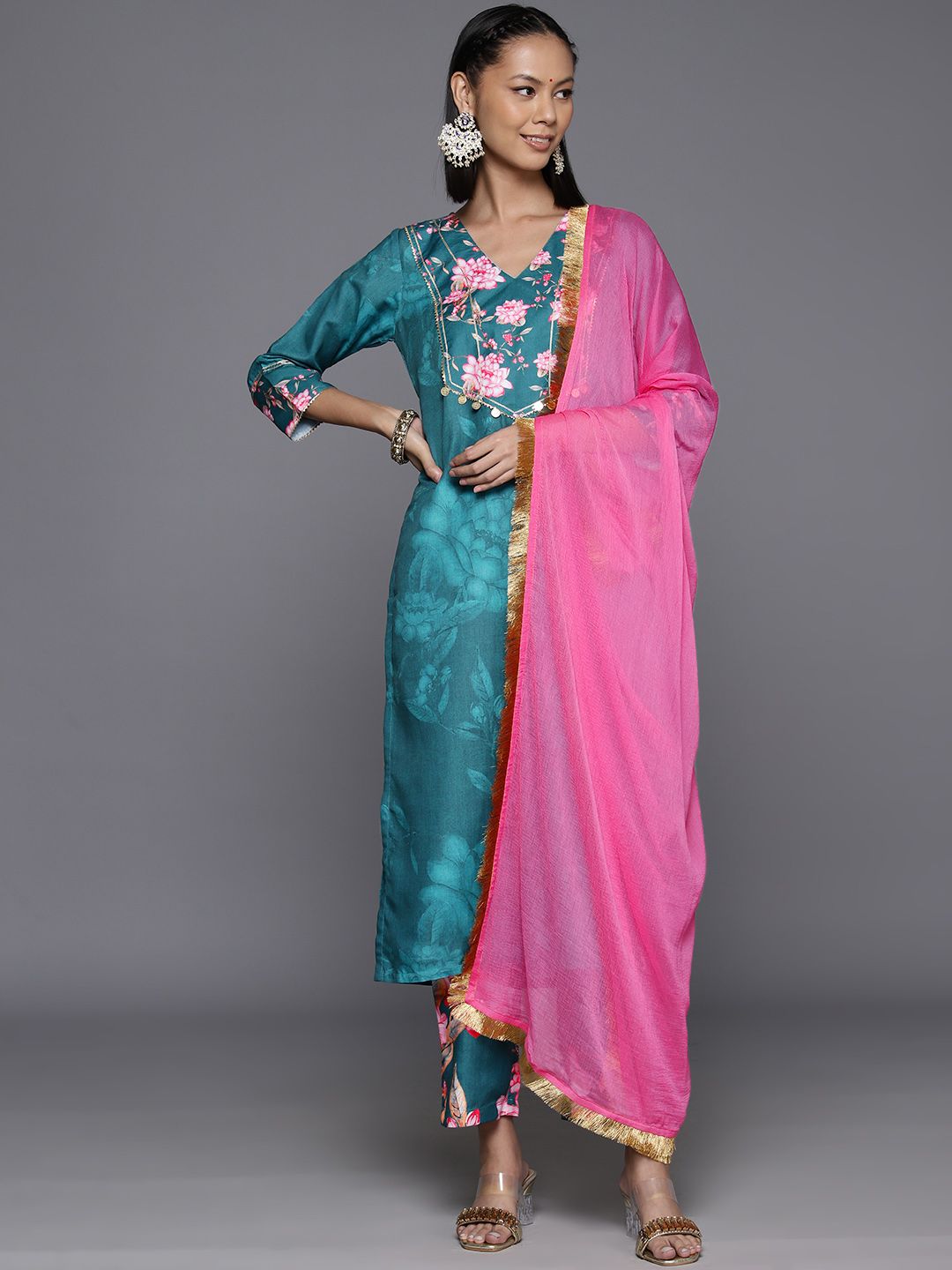Indyancart VA Women's Floral Printed Regular Gotta Patti Kurta with Trousers & Dupatta