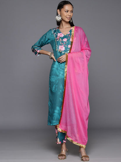 Indyancart VA Women's Floral Printed Regular Gotta Patti Kurta with Trousers & Dupatta