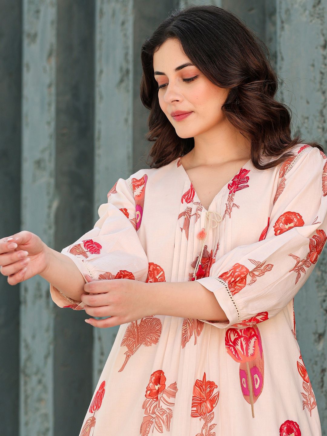 Dhiyona IE Printed Pure Cotton V-Neck Tunic With Trousers Co-Ords