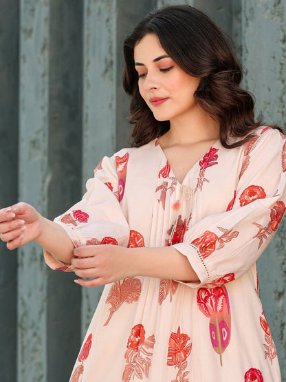 Dhiyona IE Printed Pure Cotton V-Neck Tunic With Trousers Co-Ords