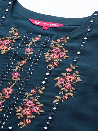 Indyancart VA Women'sTeal Floral Embroidered Kurta with Trouser & Dupatta
