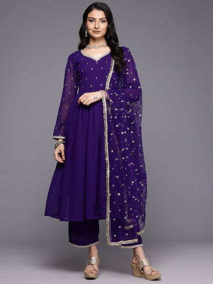 Indyancart VA Embroidered Empire Zari Kurta With Palazzos & Dupatta