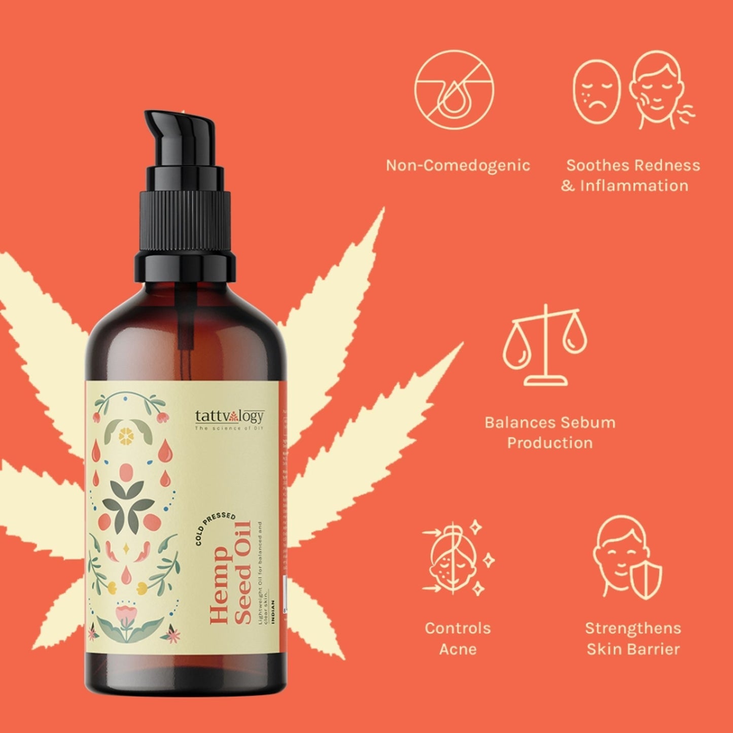 Tattvalogy Hemp Seed Oil - Cold Pressed, Fights Acne & Dandruff, Lightweight for Oily Skin Care