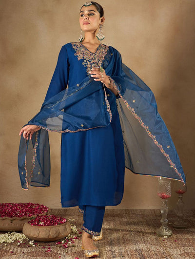 Indyancart IE Women Ethnic Motifs Embroidered Regular Liva Kurta with Trousers & With Dupatta