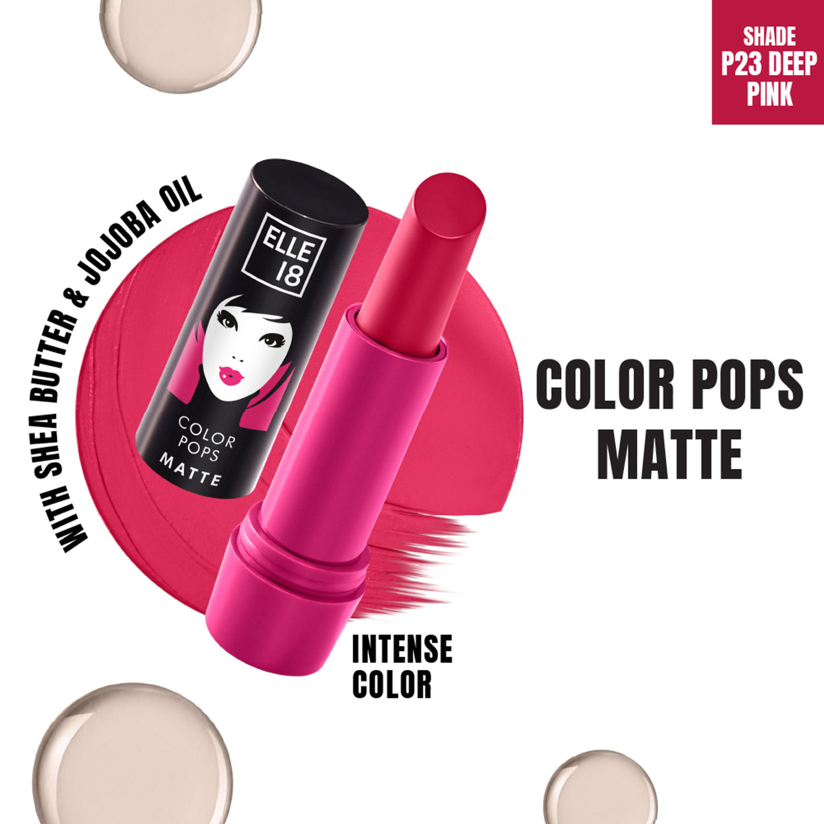 Elle 18 Color Pop Matte Lip Color in P23 Deep Pink, featuring a vibrant lipstick tube with a deep pink shade and matte finish.