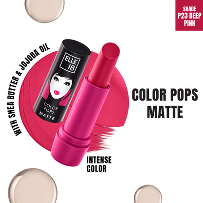 Elle 18 Color Pop Matte Lip Color in P23 Deep Pink, featuring a vibrant lipstick tube with a deep pink shade and matte finish.